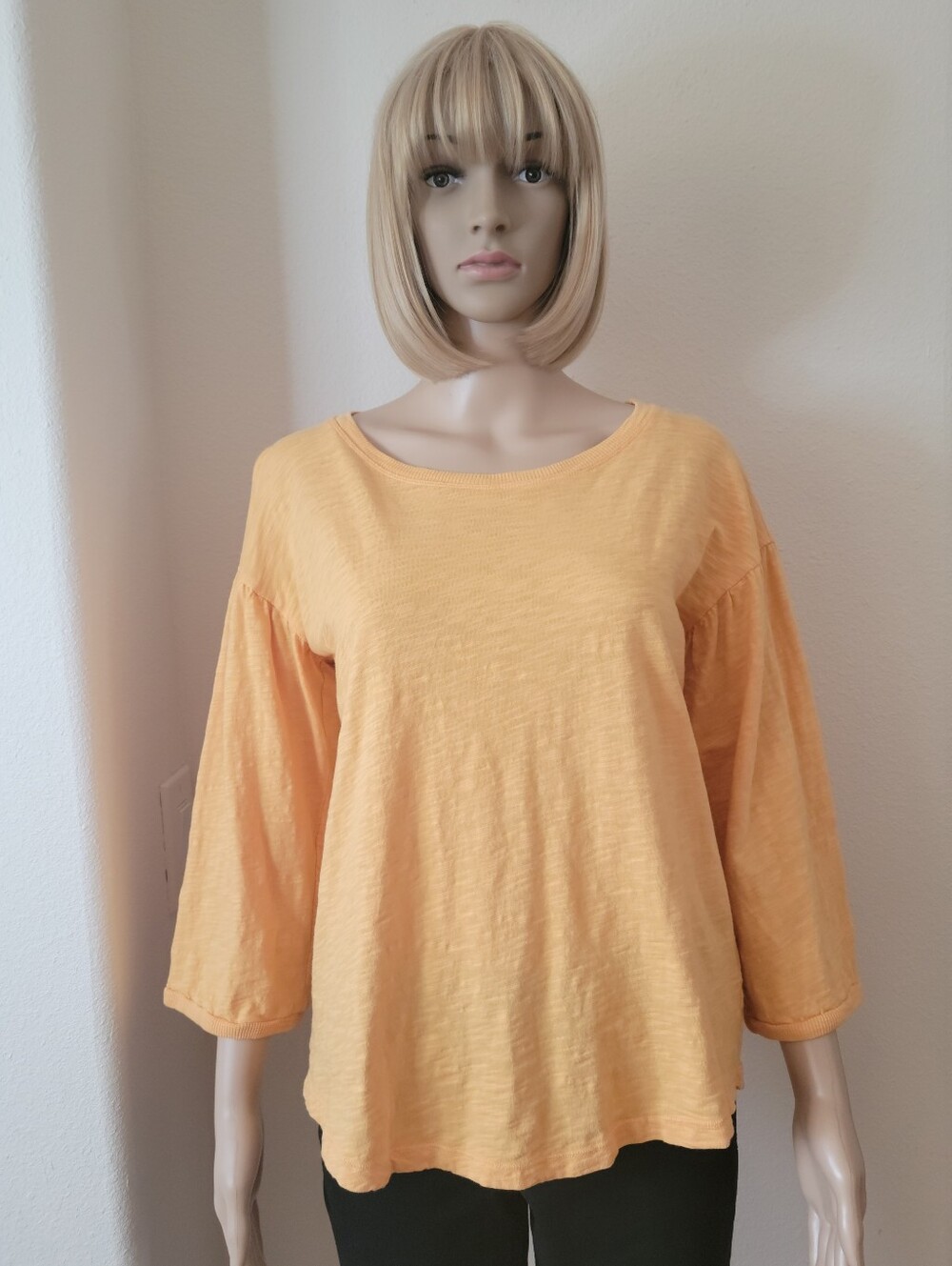 mododoc 3/4 Sleeve Boatneck, Drop Shoulder Cotton Tee, Yellow Mustard, S, EUC